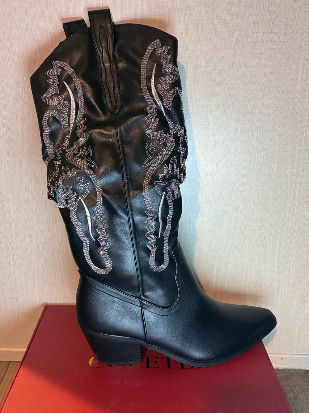 Black Embroidered Western Mid-Calf Heeled Boot - Women